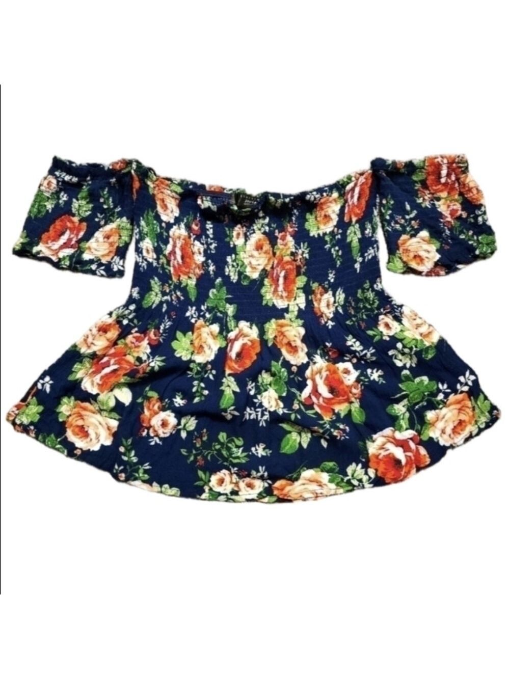SWS Boho Floral Off The Shoulder Blouse Cropped Navy Blue Ruffled Short Sleeves